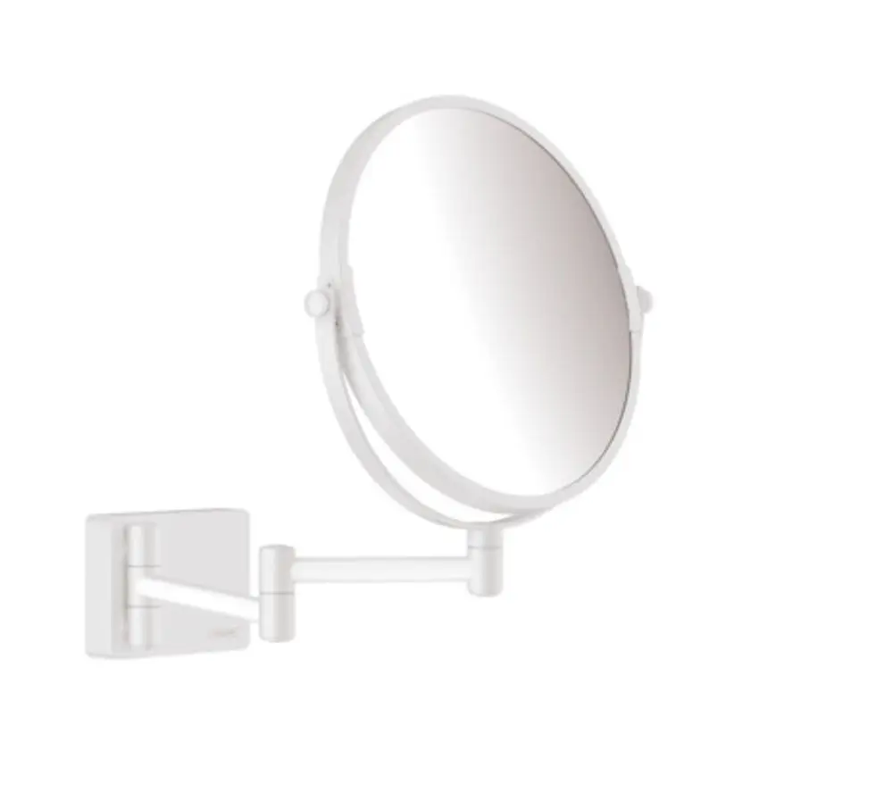 Wandmontierter Spiegel in Mattweiß von Hansgrohe mit drehbarem Arm und runder Spiegelfläche. Ideal für Badezimmeranwendungen.